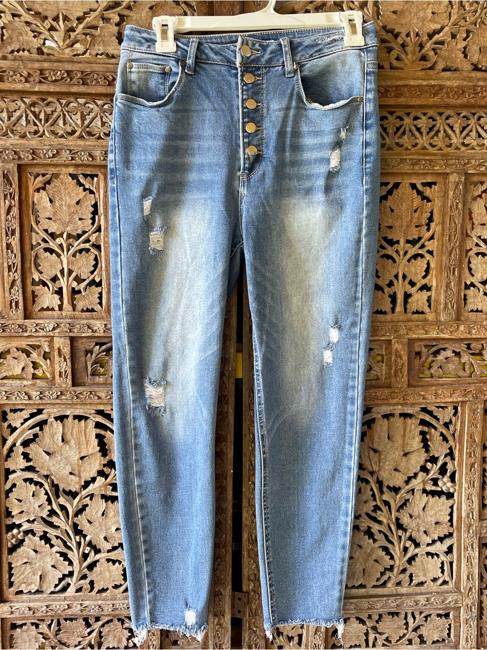 Button-Front High-Rise Skinny Jeans in Light Blue